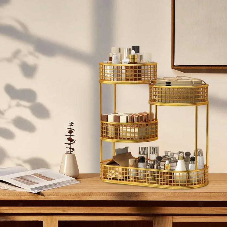 Gold wire storage rack on a wooden surface with various items