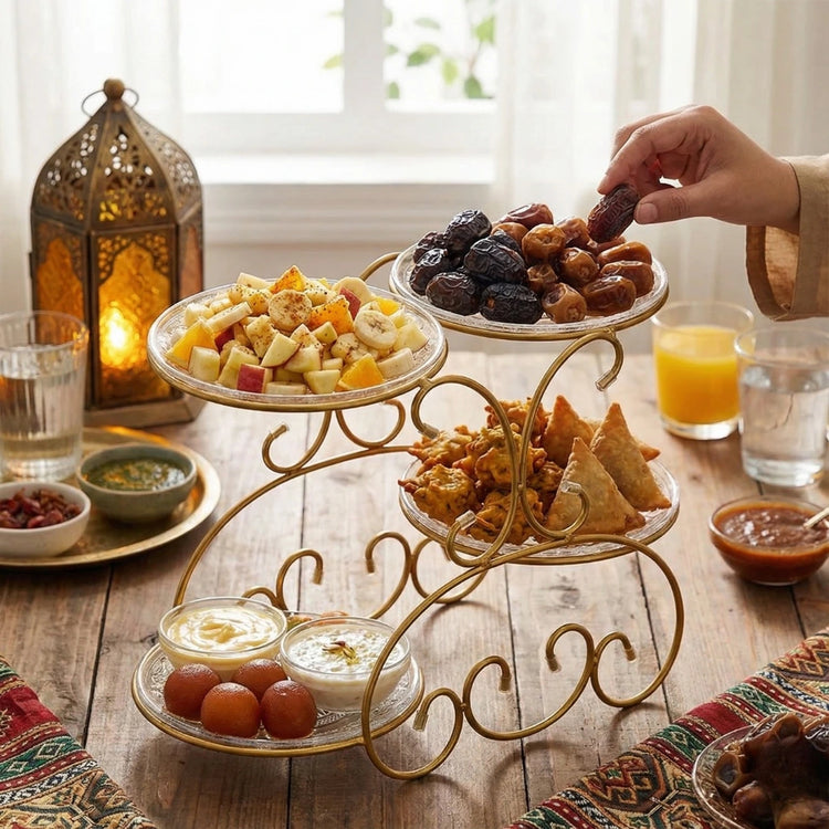 Multi-layer fruit stand basket with large capacity for fruits, snacks, and desserts on kitchen countertop