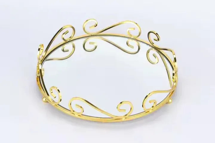 European Style Gold Mirror Vanity Tray โ Ornate Glass Decorative Jewelry & Makeup Tray
