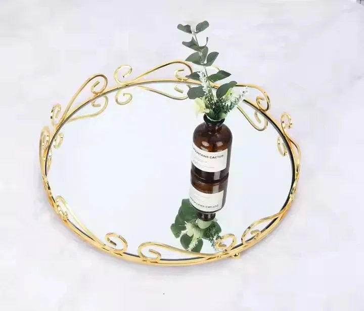 European Style Gold Mirror Vanity Tray โ Ornate Glass Decorative Jewelry & Makeup Tray