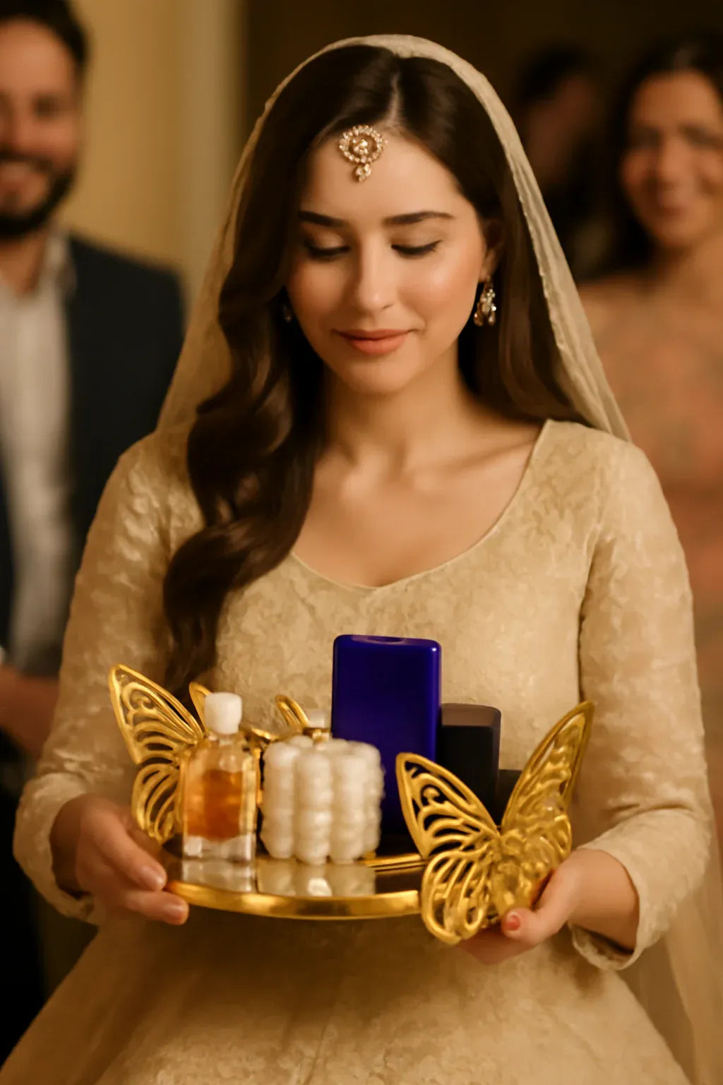 Elegant Engagement Ceremony Decorative Tray with Golden Butterfly Accents