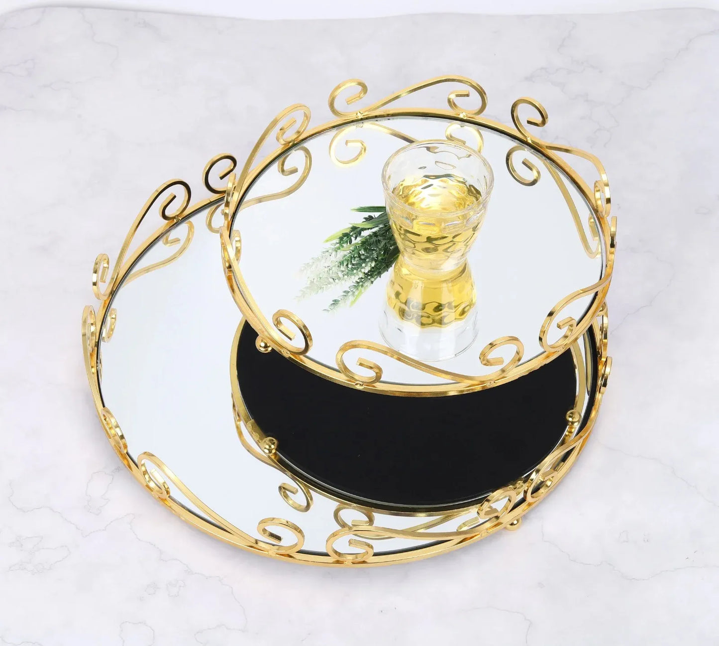 European Style Gold Mirror Vanity Tray โ Ornate Glass Decorative Jewelry & Makeup Tray