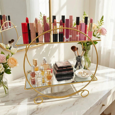 2 tier round frame bathroom makeup and perfume storage rack made of iron