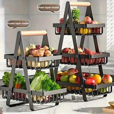 Three-layered fruit and vegetable stand with various produce on a neutral background