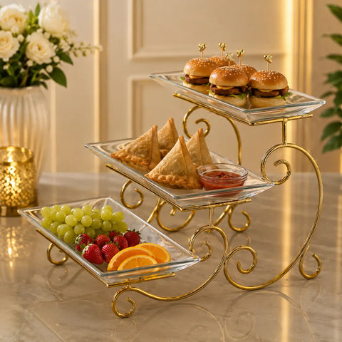 Luxury Gold 3-Tier Square Plate Serving Stand