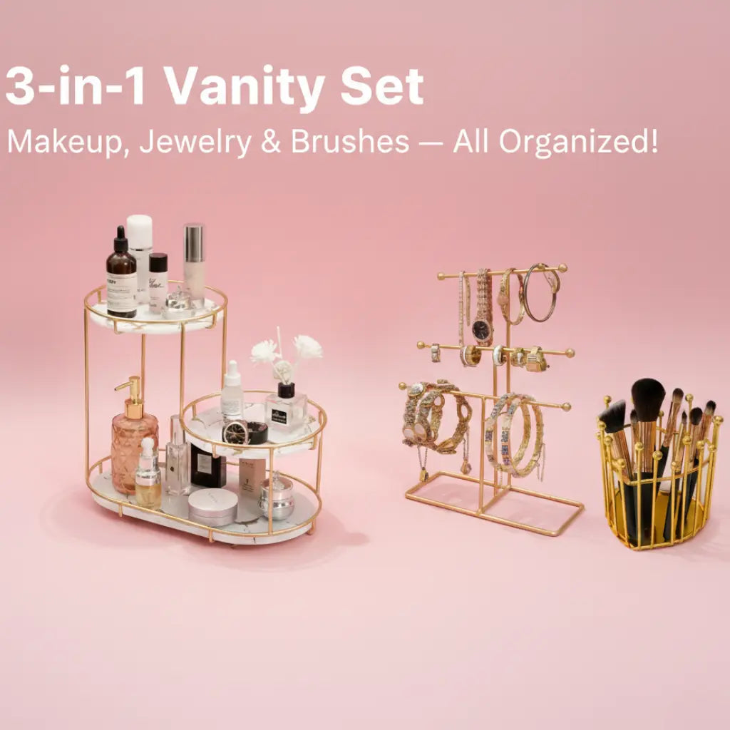 3-in-1 vanity set with makeup, jewelry, and brushes on a pink background