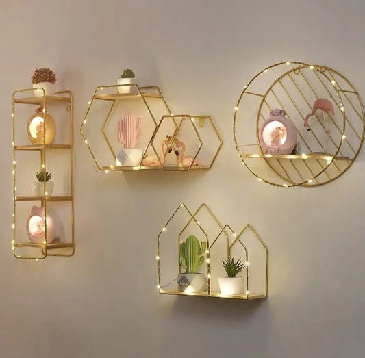 Gold Wall Shelves Set – Metal Wire Floating Shelves for Home Decor Pakistan