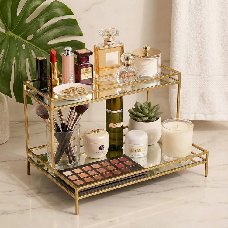 Aesthetic vanity organizer with 2 tier shelves for makeup and perfume storage