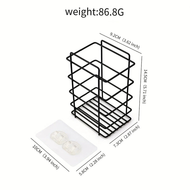 Black metal organizer with dimensions and weight information on a white background