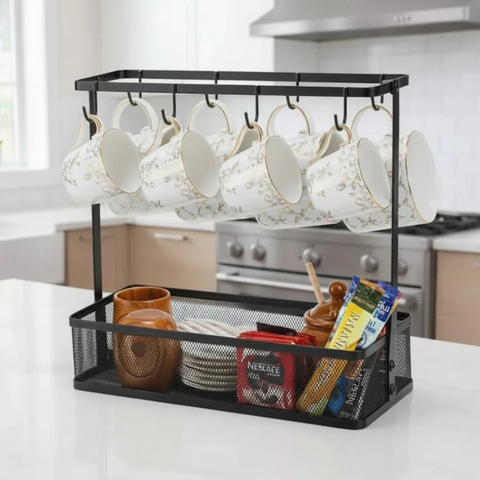 Countertop 6-Cup Mug Holder & Storage Basket Rack - Kitchen Organizer