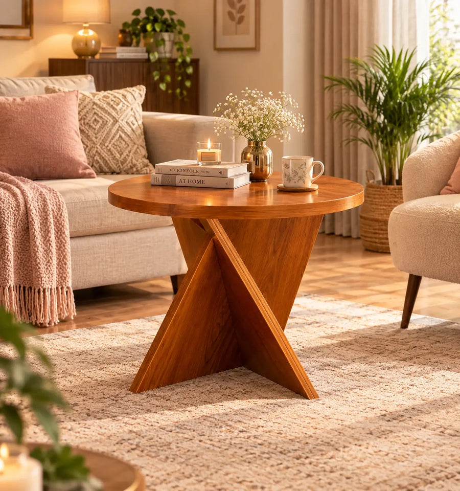 Modern Round Wooden Side Table – Stylish X-Shape Base