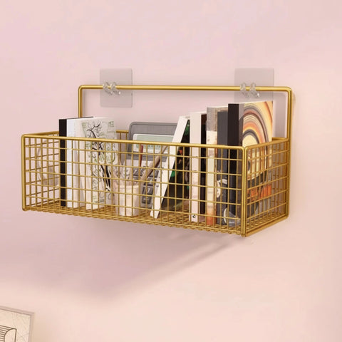 Gold Wall-Mounted Wire Basket – Storage Rack for Books, Magazines & More
