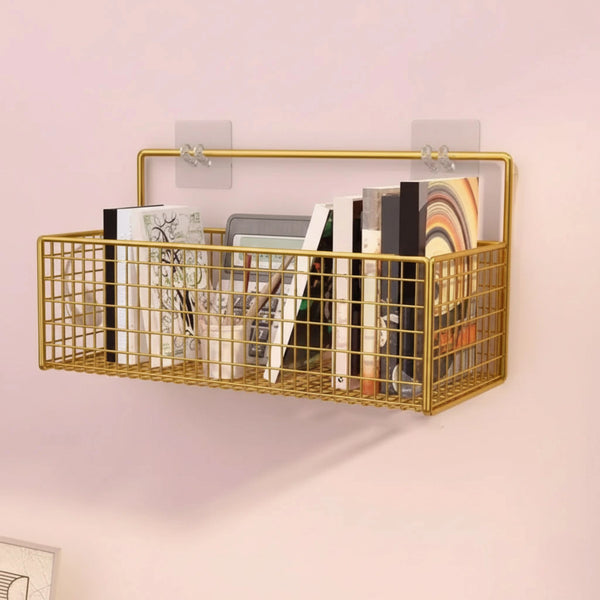 Gold Wall-Mounted Wire Basket – Storage Rack for Books, Magazines & More