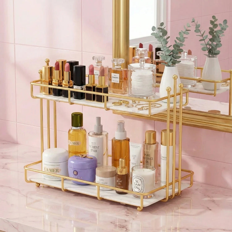 Iron cosmetics storage rack with 2 tier gold design for makeup and perfume organization