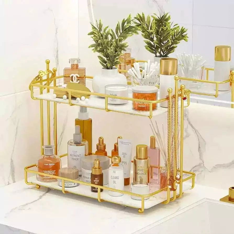 Iron Cosmetics Storage Rack Make-up Organizer Metal Frame Golden colour - Dukaanwali