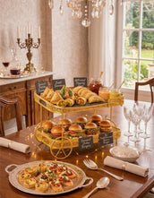 Dessert display on a tiered stand with various pastries and a platter of food in a elegant dining room.