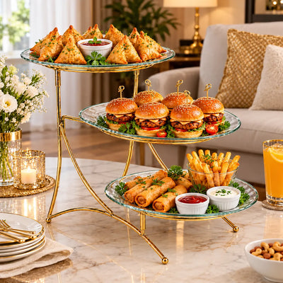 Luxury 3-tier gold glass serving stand with snacks and desserts