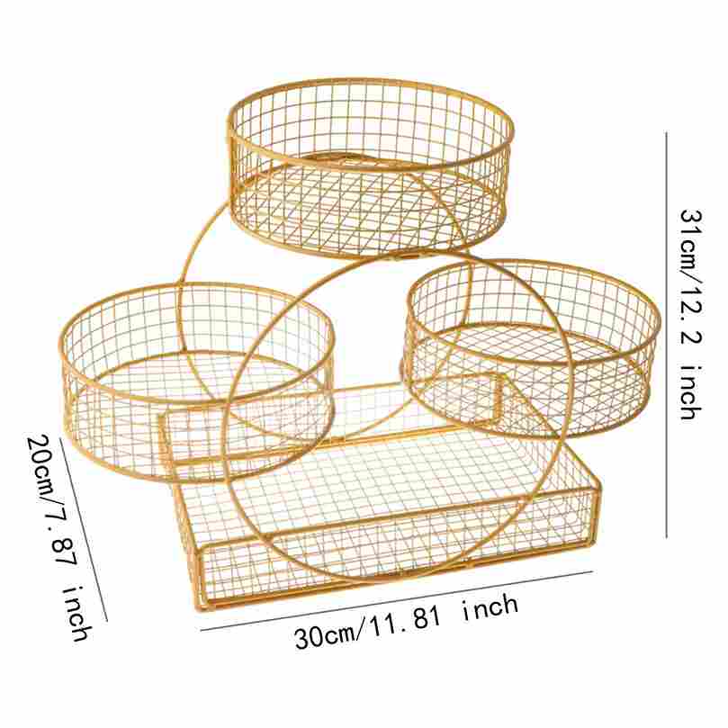 Set of gold wire baskets with measurements on a white background