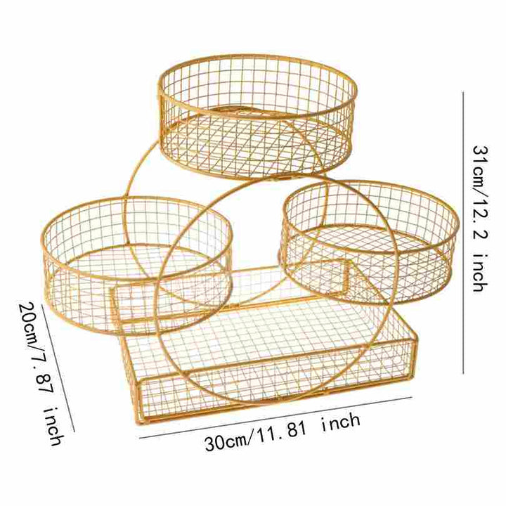 Set of gold wire baskets with measurements on a white background