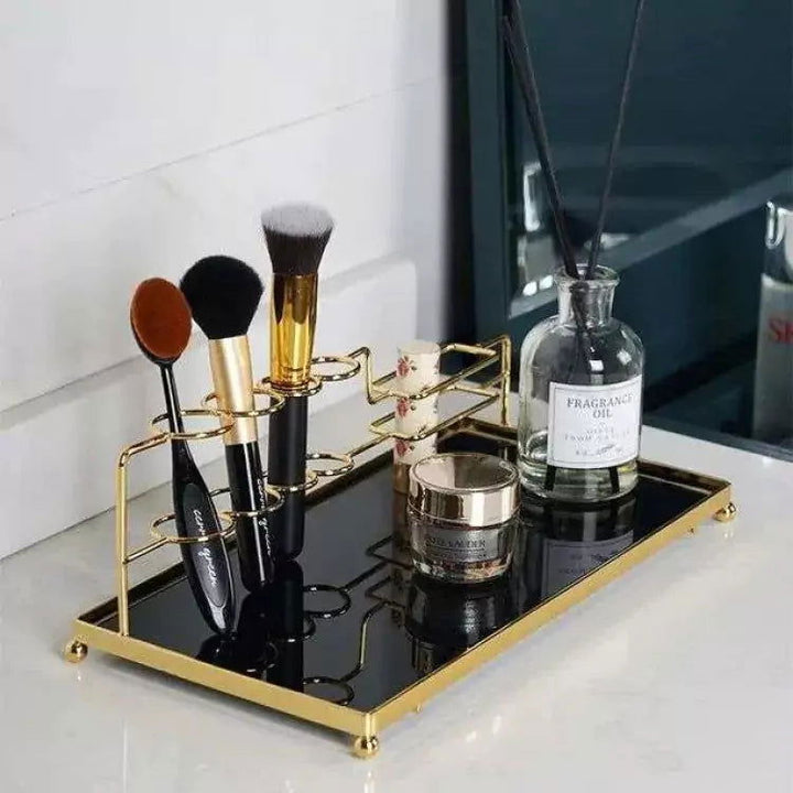 Metal Glass Mirror Tray Makeup organizer Desktop Rack Brush perfume Etc - Dukaanwali