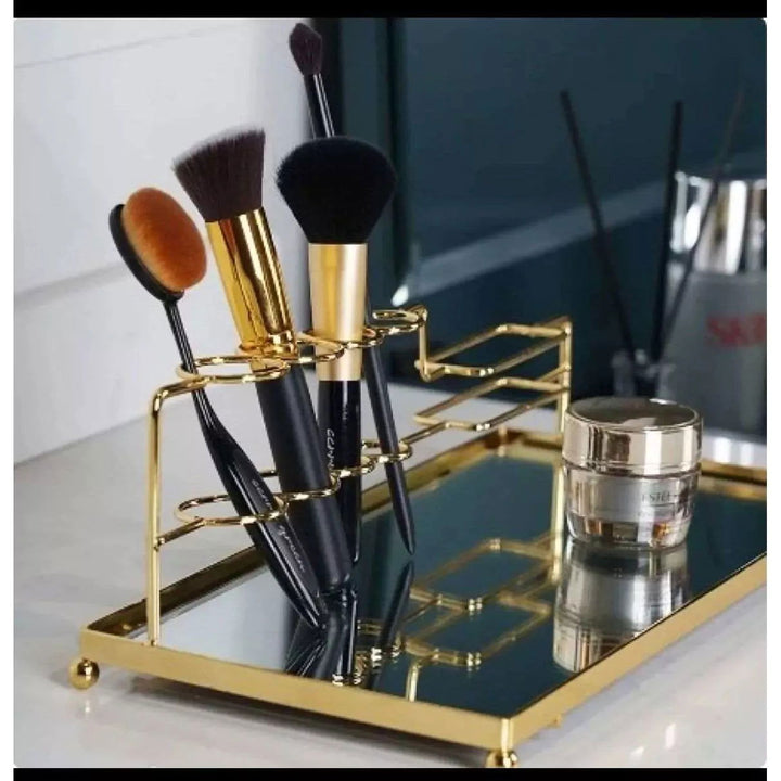 Metal Glass Mirror Tray Makeup organizer Desktop Rack Brush perfume Etc - Dukaanwali
