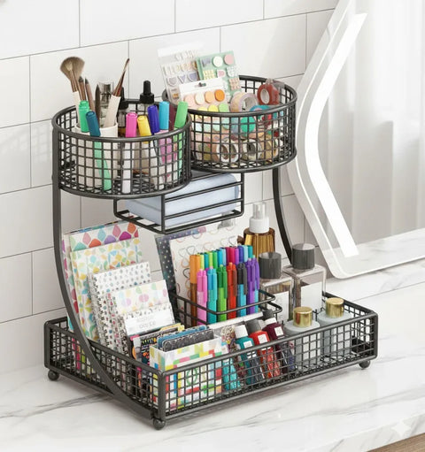 Metal Mesh Cosmetic & Skincare Organizer Rack - Desktop Storage Stand