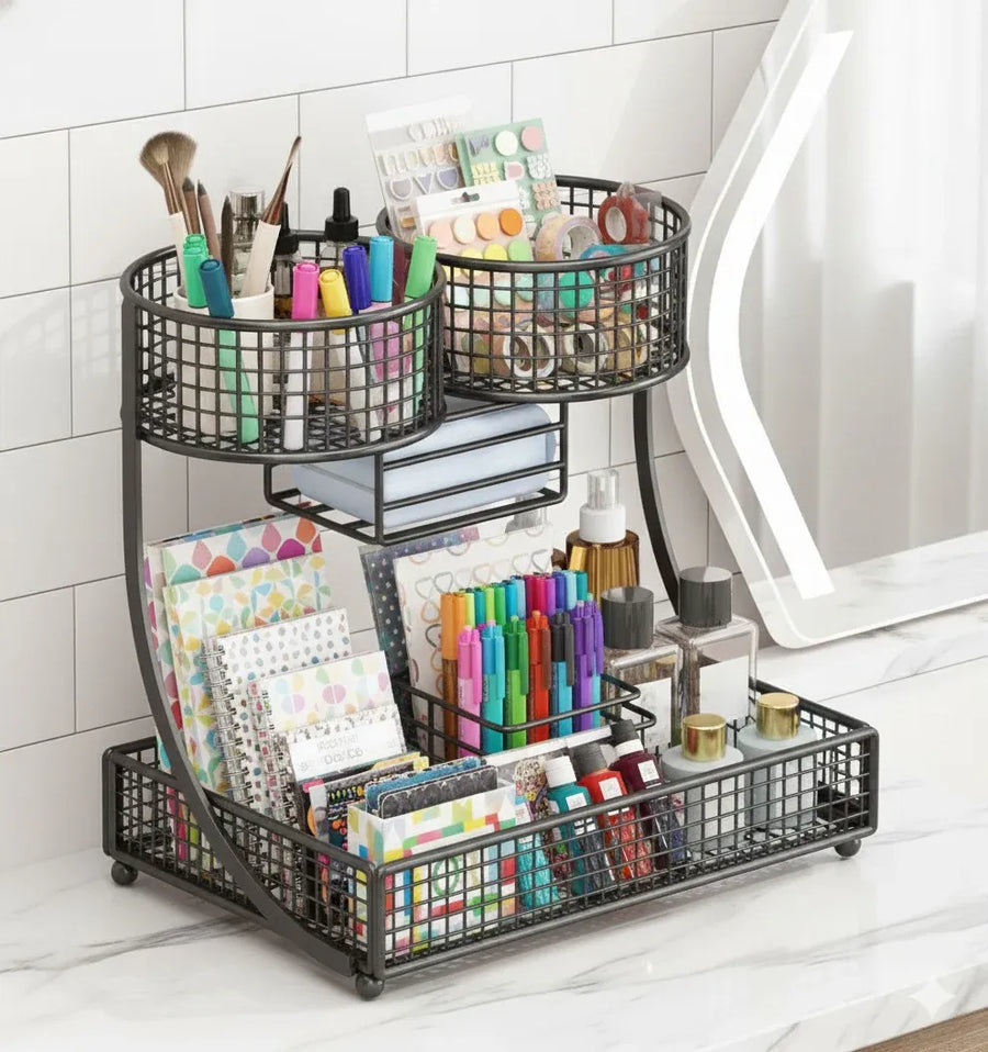 Metal Mesh Cosmetic & Skincare Organizer Rack - Desktop Storage Stand