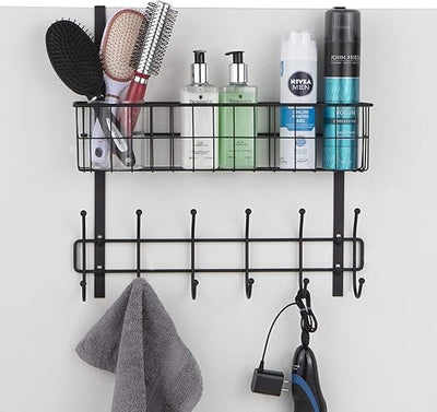 Wall-mounted organizer with hooks and shelves holding hair care products and a towel.