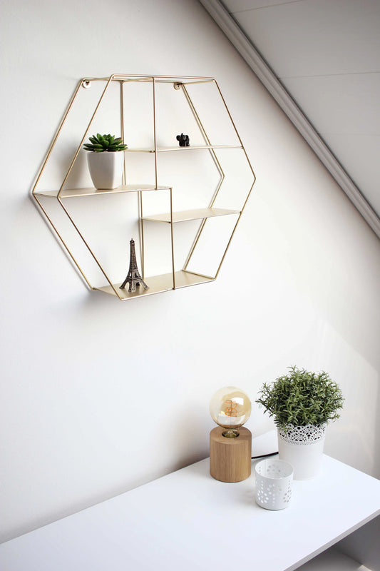 Hexagon Wall Shelf with gold metal frame for modern Pakistani homes