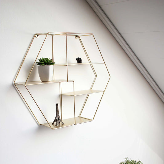 Hexagon Wall Shelf with gold metal frame for modern Pakistani homes