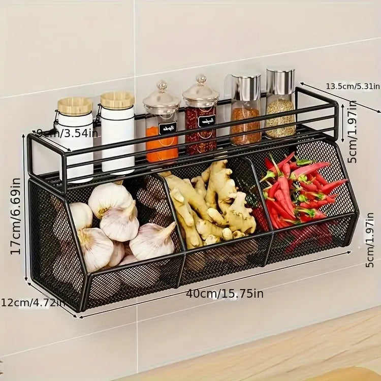 Black mesh spice rack with labeled dimensions on a neutral background