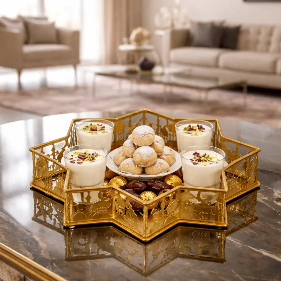 Premium Eid Serving Tray – Golden Islamic Star Design Dessert & Dates Tray