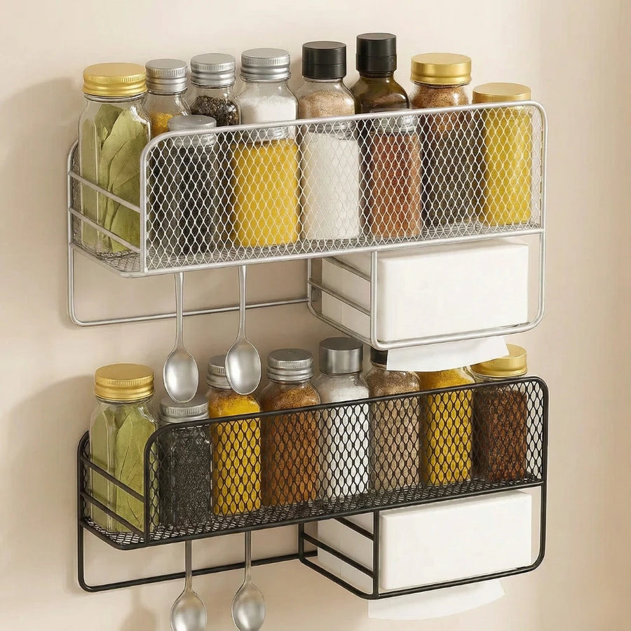 Wall-Mounted Metal Spice Rack with Paper Towel Holder