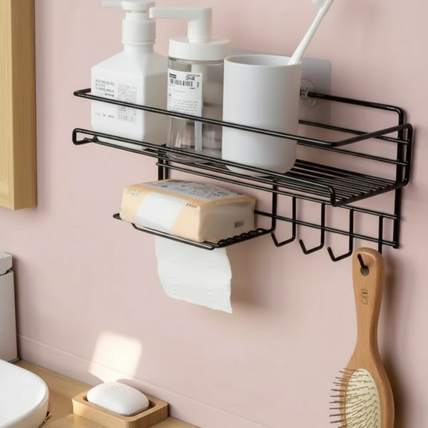 Wall-Mounted Bathroom Shelf with Hooks & Soap Holder — No-Drill, Adhesive Install