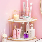 Dukaanwali golden 2-tier corner vanity shelf with iron frame 