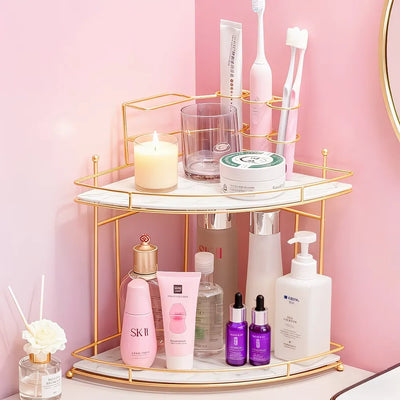 Dukaanwali golden 2-tier corner vanity shelf with iron frame 