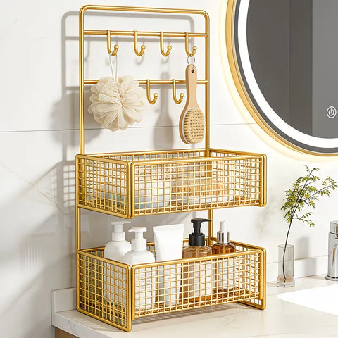 Dukaanwali Tiered Metal Key Holder Organizer with Hooks & Mesh Baskets