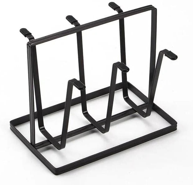Rack on a kitchen counter with mugs drying
