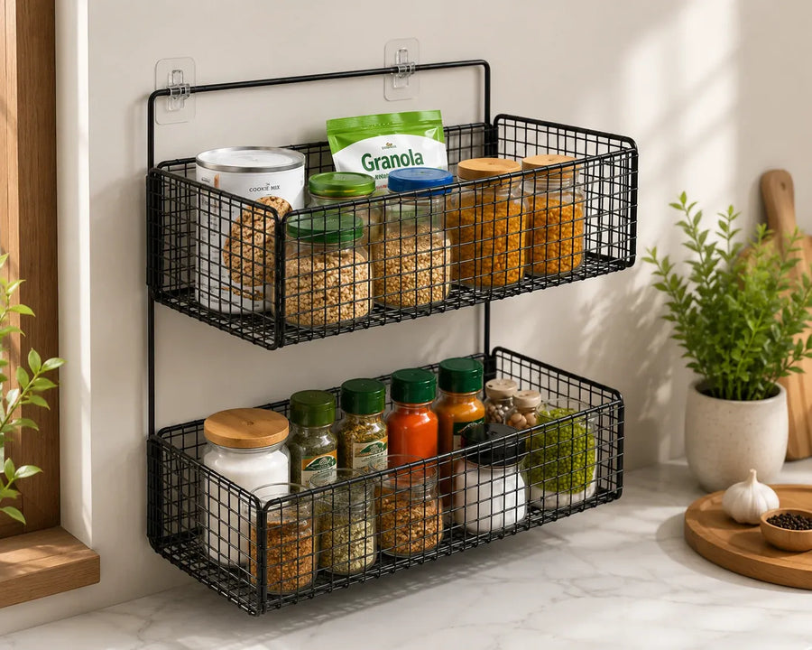 2-Tier Wall Mounted Kitchen Storage Basket Rack