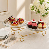 Luxury Gold 2-Tier Glass Serving Stand for snacks, desserts, pastries, fruits and tea-time serving in Pakistan.