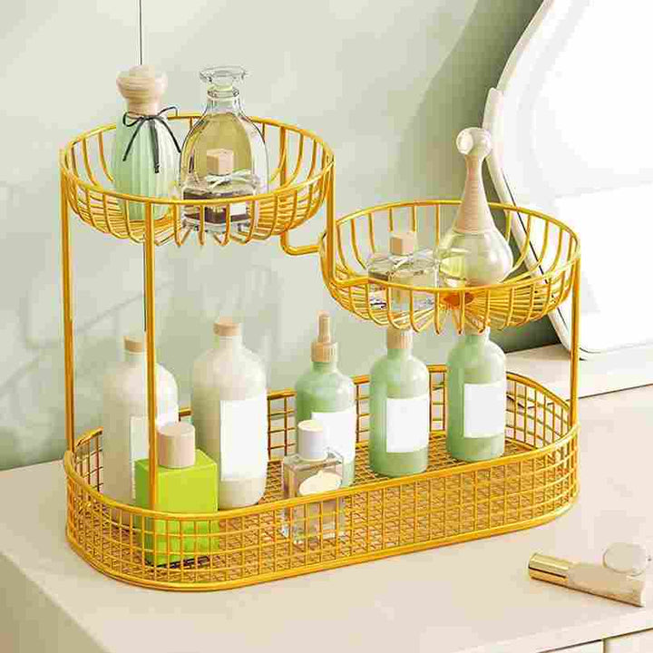 Yellow metal organizer with bottles on a light surface