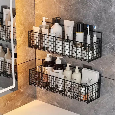 Set of 2 Wall Mounted Black Metal Storage Racks for Bathroom and Kitchen – RuhDecor