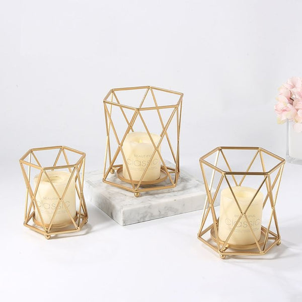 Trio of candle holders used in cozy home interior